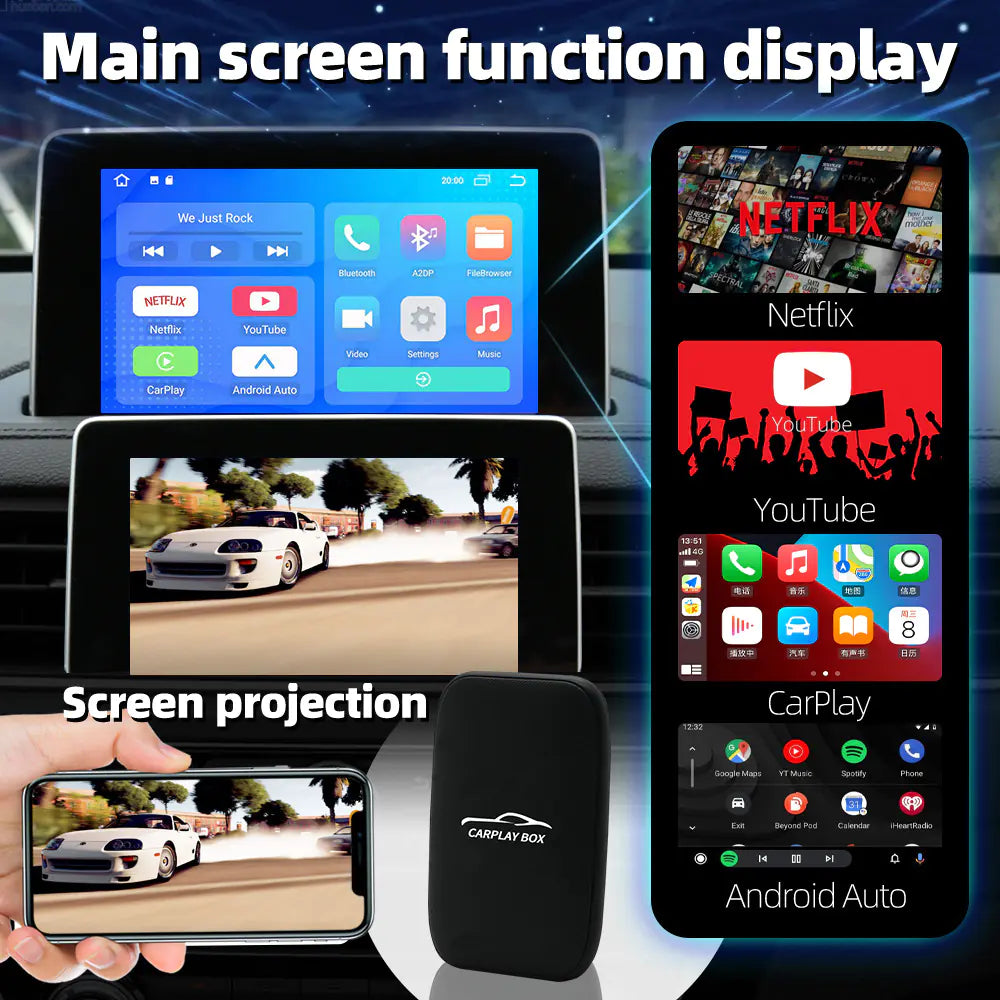 Wireless Car Play AI Box - 3 in 1 Carplay to Android Auto [Built in Youtube & Netflix] Important Note: Your vehicle must already have built-in CarPlay functionality for this device to work.